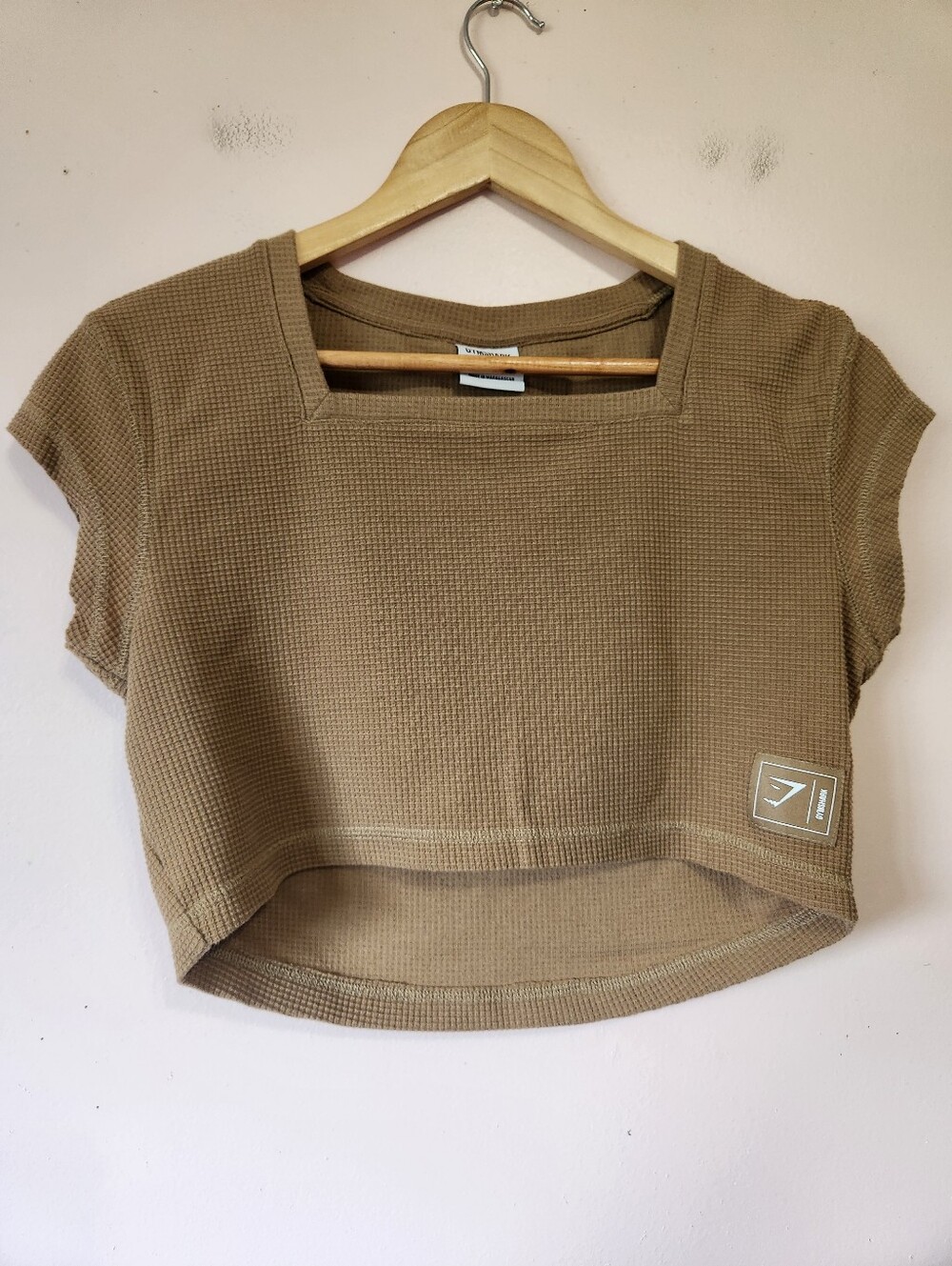 Gymshark Pause Waffle Knit Square Neck Cropped Short Sleeve Top Tan Light Brown